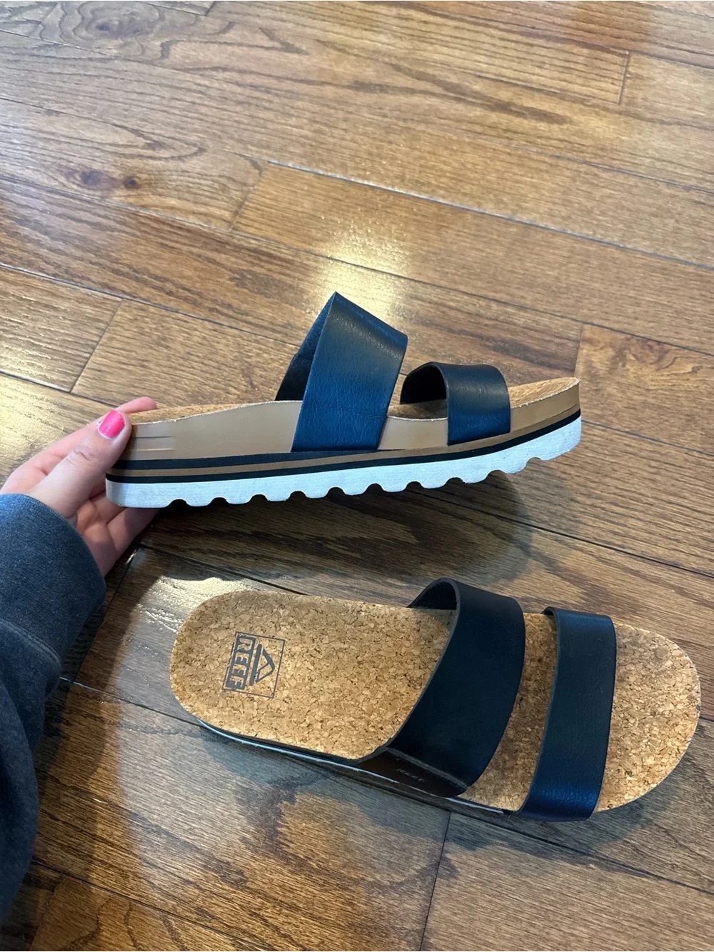 Reef Black Double-Strap Cork Slide Sandals